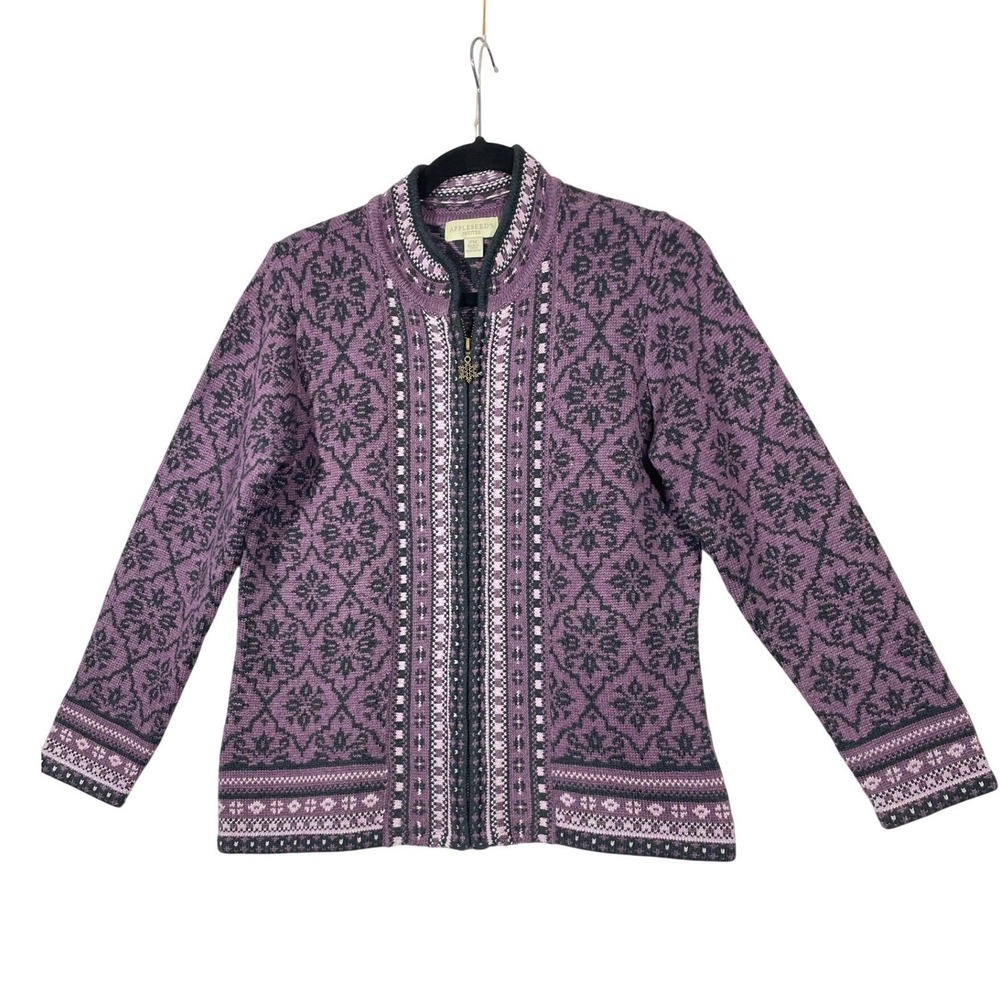Appleseeds Petites Purple Fair Isle Knit Full Zip‎ Cardigan Sweater Women PM